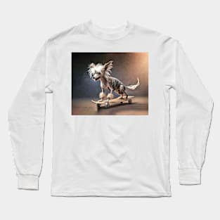 Chinese Crested Dog Riding a Skateboard Long Sleeve T-Shirt